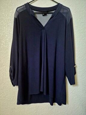 Women's Navy V-Neck Chiffon Panel Blouse